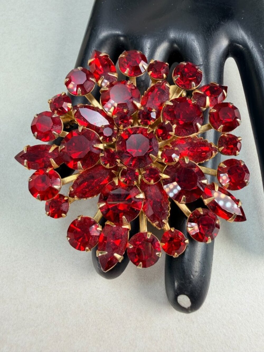 Vintage Ruby Red Rhinestone Starburst Brooch Layered Floral Statement Pin